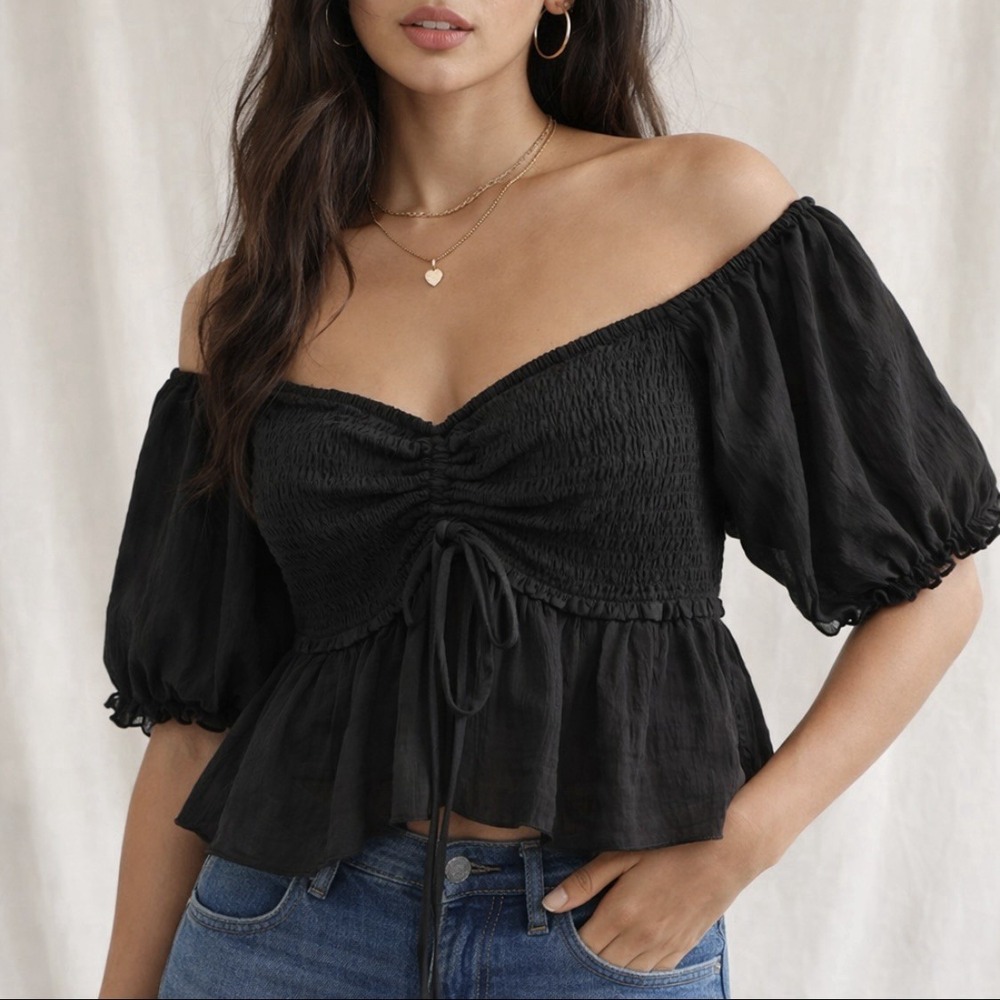 Womens M Off Ruched Off Shoulder Black Peplum Shirt Crop Tie Whimsigoth Fairy